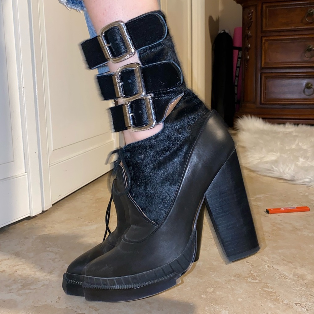 Black Pony Hair Booties w/ Buckles